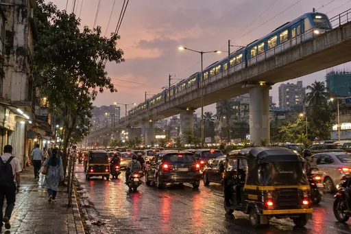 Metro Line 1 train above Andheri-Kurla Road at dusk, autos and cars below – Andheri escorts