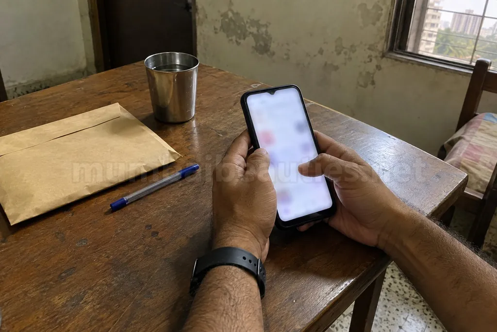 A man's hands hold a phone at a table with a sealed brown envelope, about to pay a male escort job fee