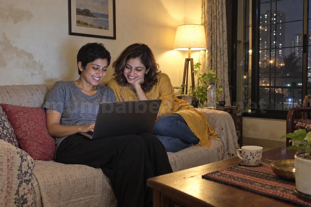 Two women in their late twenties share a laptop on a sofa at night in a Mumbai flat: lesbian couple booking