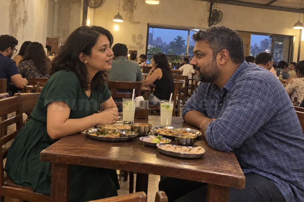 A couple talk quietly at a small restaurant table before a couple booking