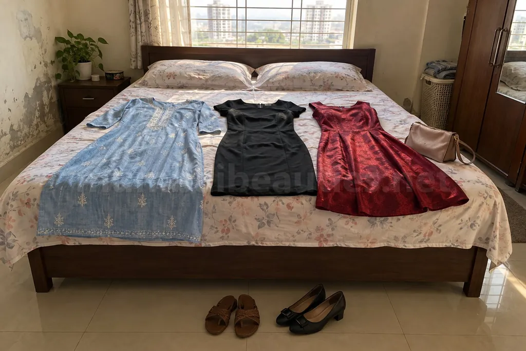Three dresses on a bed, one simple, one smart and one for a party: our escort price levels