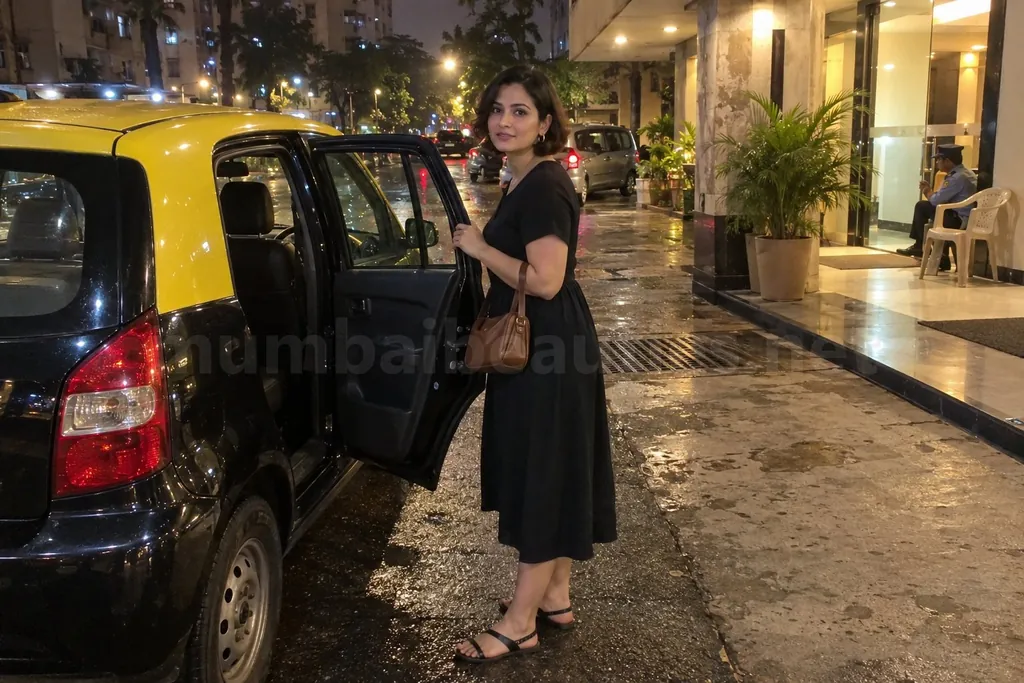 A woman stepping out of a black-and-yellow Mumbai taxi at a hotel porch at night – Mumbai call girls