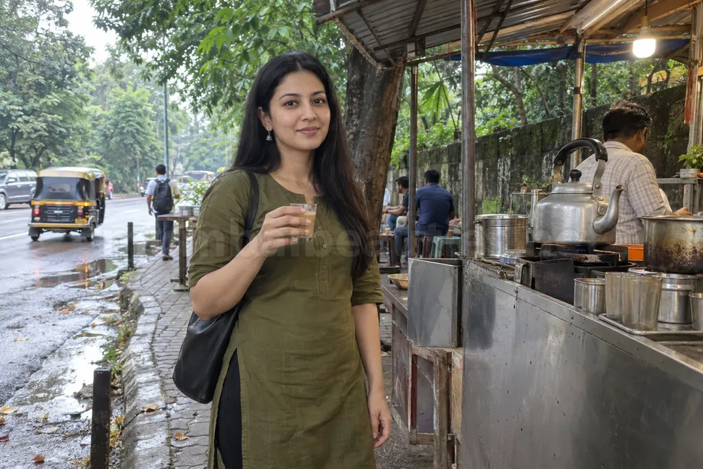 Woman holding a cutting chai at a tea stall by the Aarey trees after the rain, escorts in Goregaon