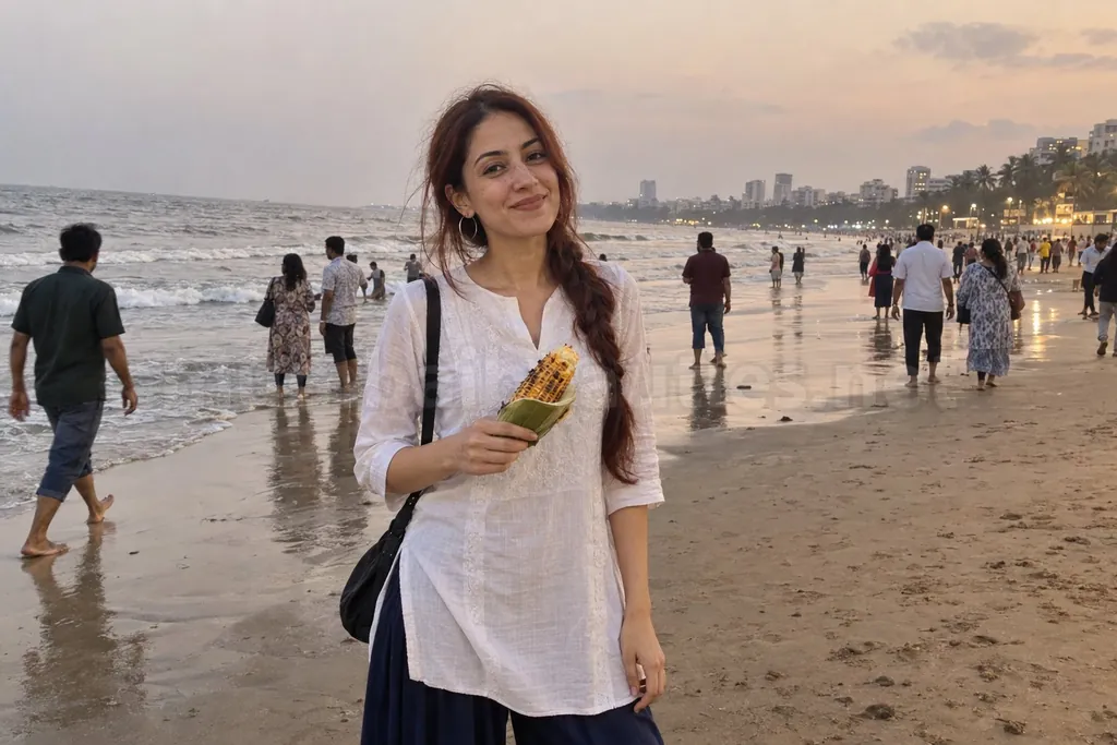 Woman holding roasted corn on Juhu beach in the evening – Juhu call girls