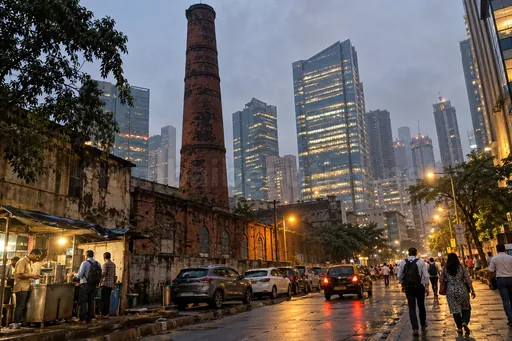 Escorts in Lower Parel: an old mill chimney in front of new glass office towers at dusk
