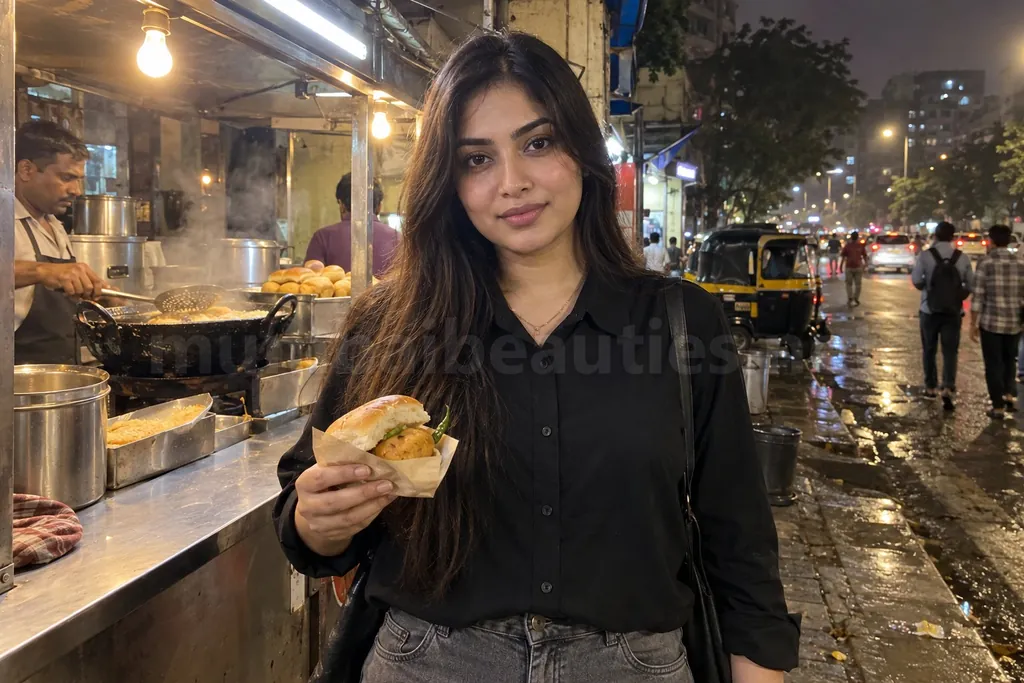 Woman at a roadside food stall in Kandivali at night, steam and bulbs, Kandivali escorts