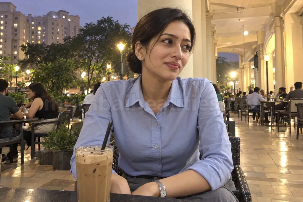 Woman at an outdoor cafe table on the Hiranandani Gardens high street in the evening, Powai escorts