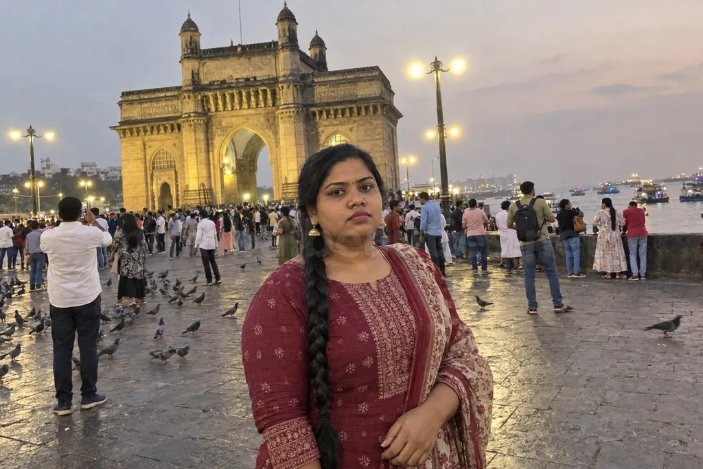 South Mumbai escorts: a woman near the Gateway of India in the evening crowd, pigeons around her