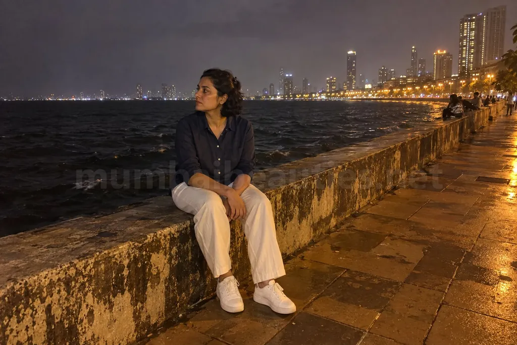 Call girls in Worli: a woman sitting on the Sea Face wall at night with the sea behind her
