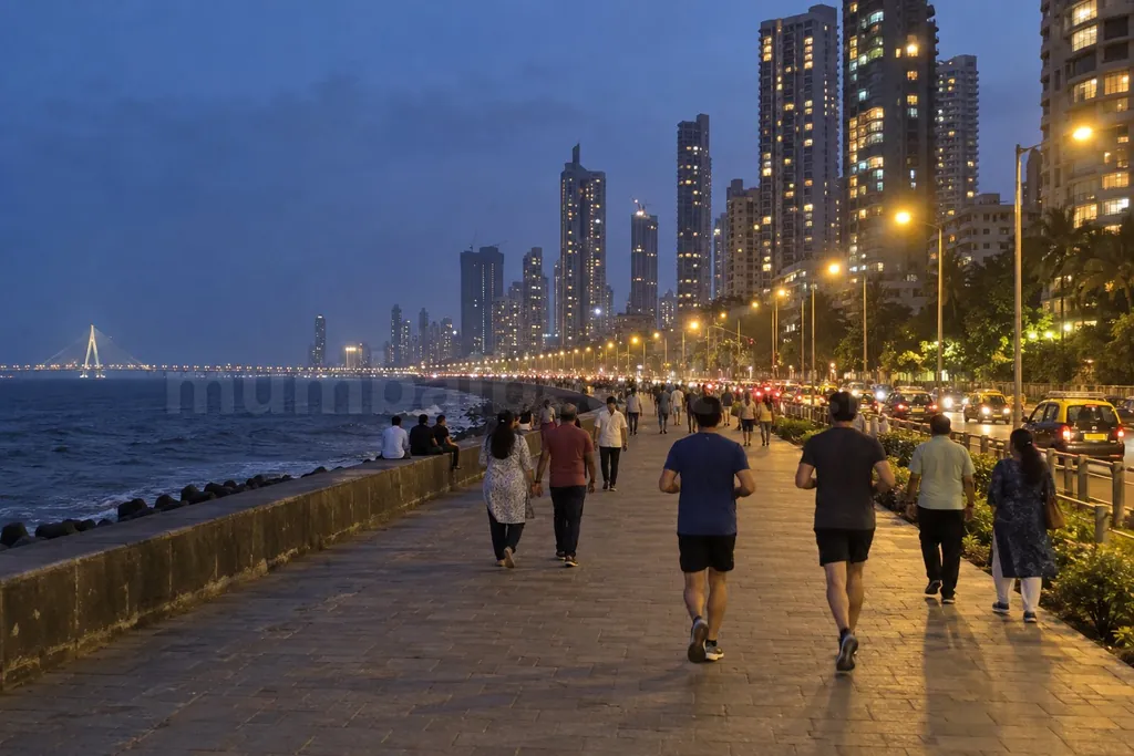 Worli Sea Face promenade at blue hour, the curved sea wall and lit towers behind – Worli escorts