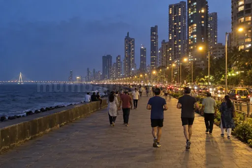 Worli Sea Face promenade at blue hour, the curved sea wall and lit towers behind – Worli escorts